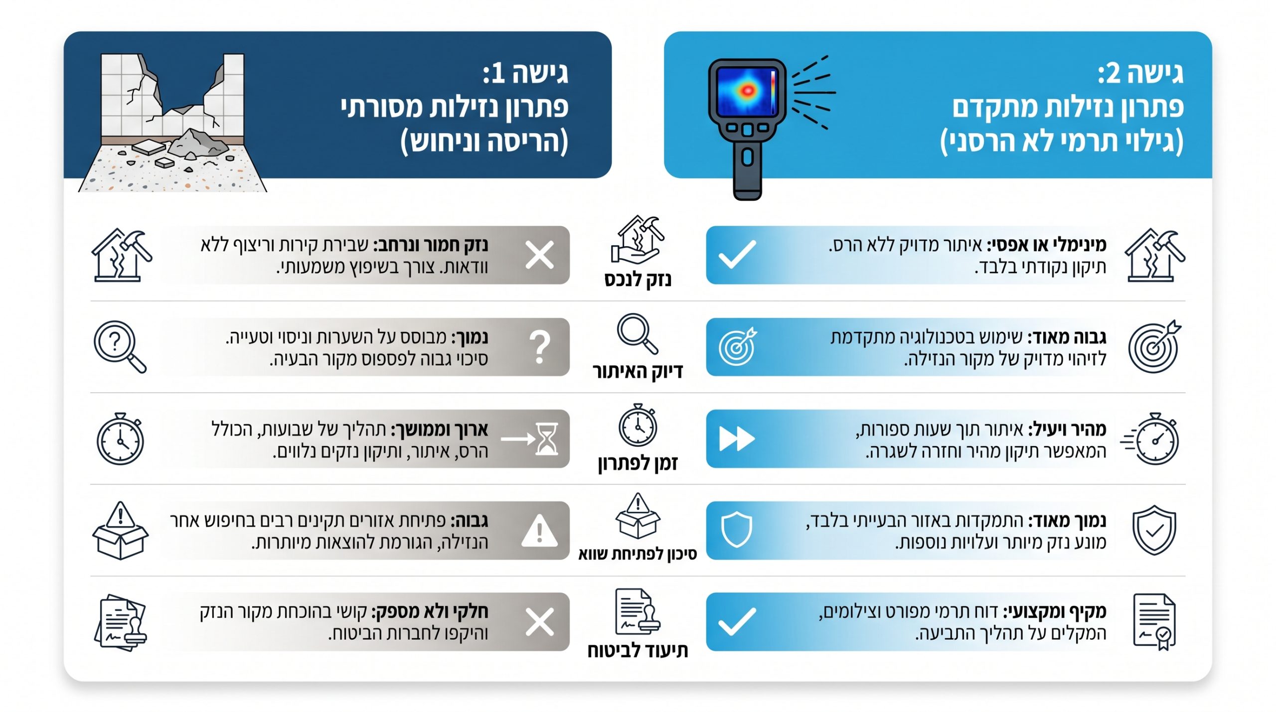 איתור נזילות אינפרא אדום: המדריך המלא לזיהוי ואבחון בעיות רטיבות 2 השוואה בין שיטת ניחוש לשיטת בדיקה תרמית לאיתור נזילות