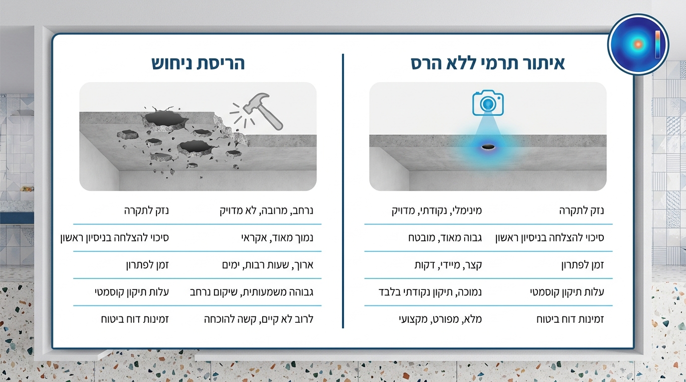תיקון נזילה בתקרה: המדריך המלא לפתרון בעיות רטיבות 1 השוואה בין פתיחת תקרה על ניחוש לבין איתור נזילות בשיטת אל הרס עם מצלמה תרמית
