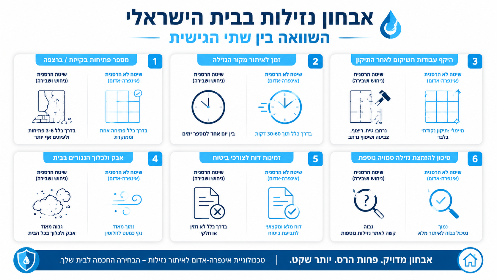 טבלת השוואה בין שבירת קיר על בסיס ניחוש לבין איתור נזילות בשיטת אל הרס