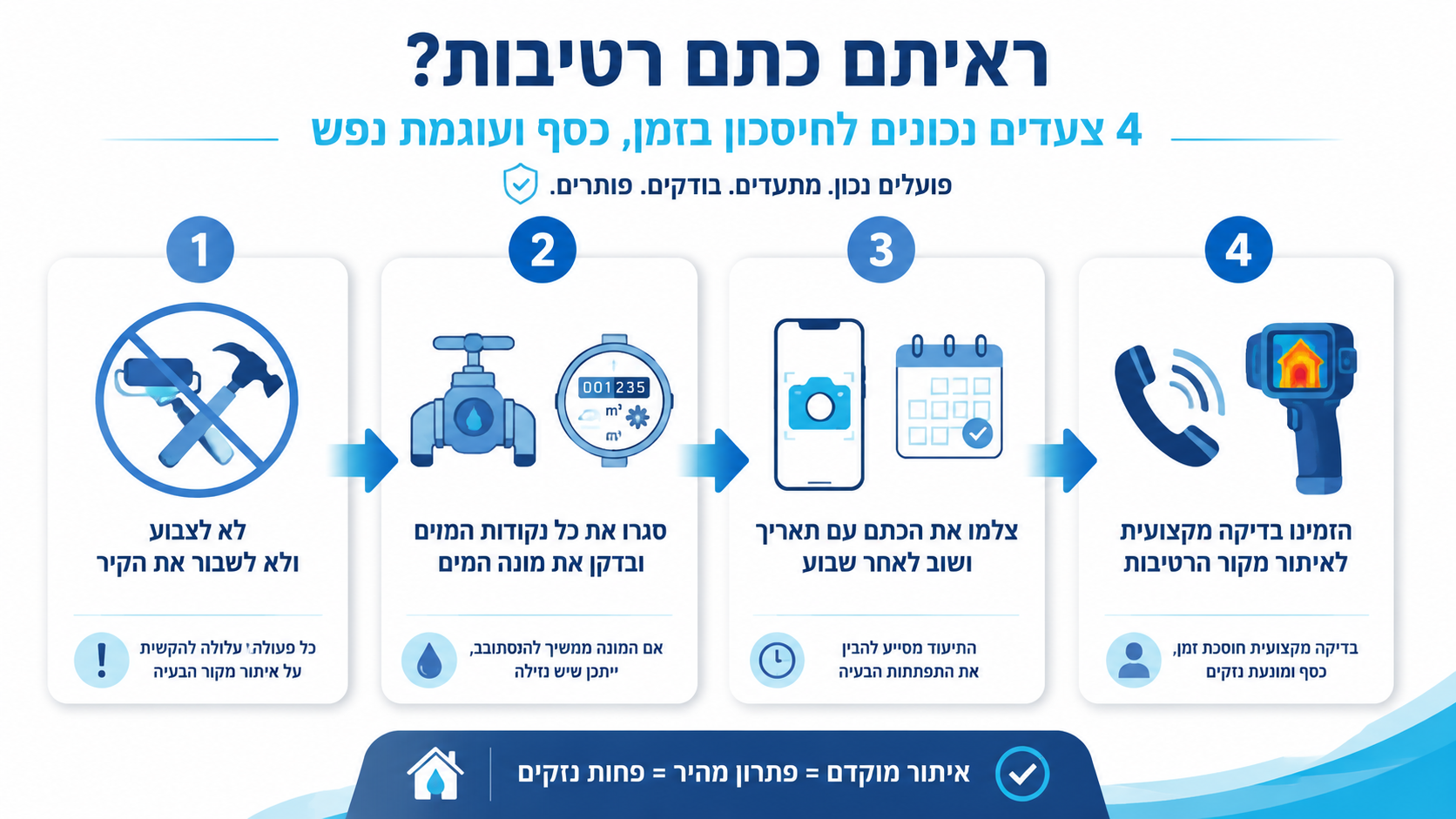 סדר פעולות מומלץ כשיש חשד לנזילת מים בבית