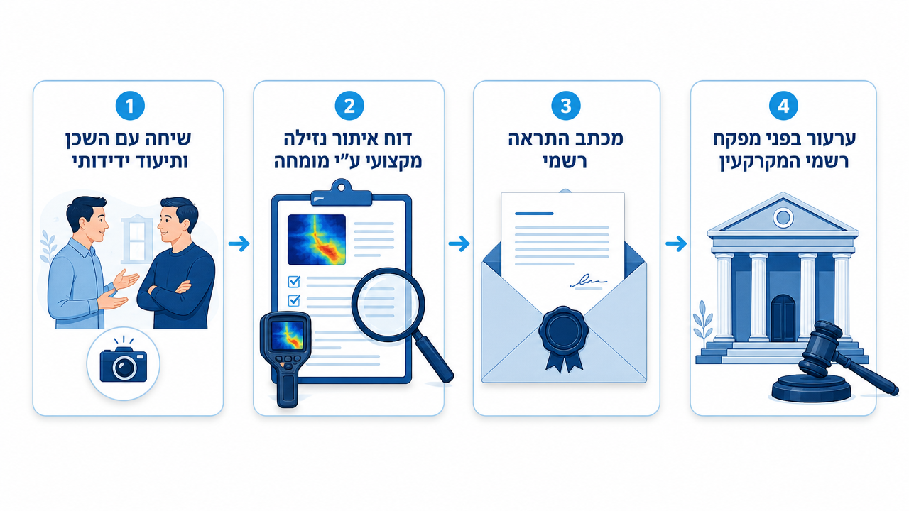 איך להתמודד עם נזילות מים מהשכנים מדריך זכויות ופתרונות מעשיים 1 שלבי פעולה כשהשכן מסרב לשתף פעולה בבירור מקור נזילה