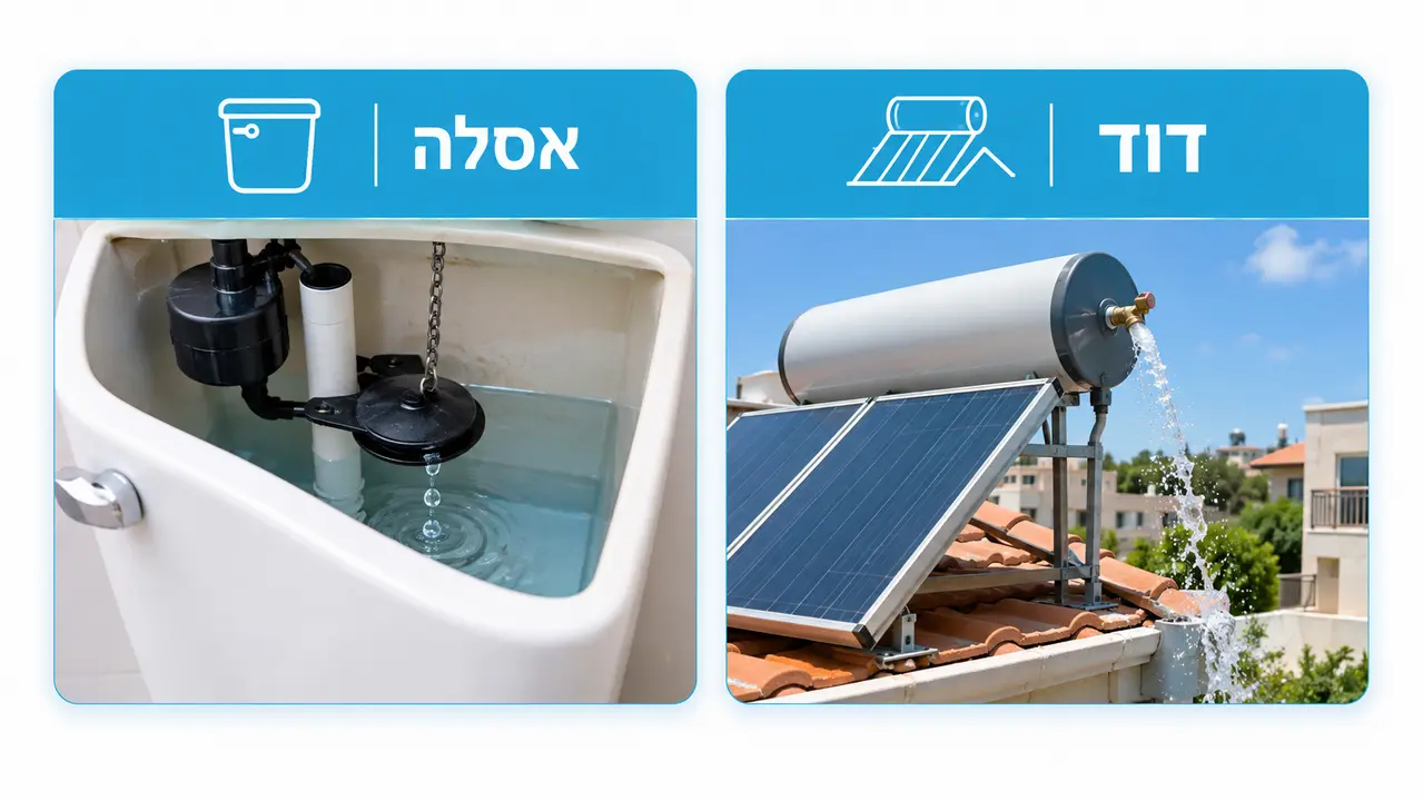 איור הממחיש שני גורמים לנזילות שקטות שבדיקת שעון המים לא מזהה, דליפת אסלה ושסתום ביטחון של דוד