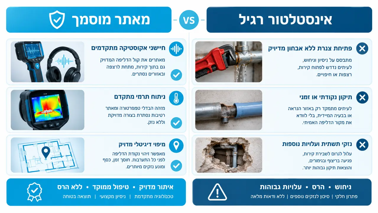 איך לבחור שירותי איתור נזילות בגני תקווה 1 השוואה בין מאתר נזילות מוסמך שעובד עם מצלמה תרמית לבין אינסטלטור רגיל ללא ציוד איתור