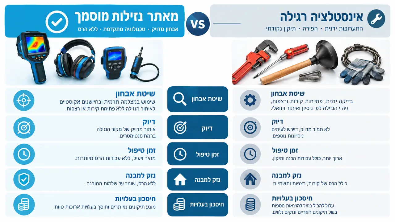 ההבדל בין מאתר נזילות מוסמך בשיטת אל הרס לבין אינסטלטור מסורתי בבית עובד